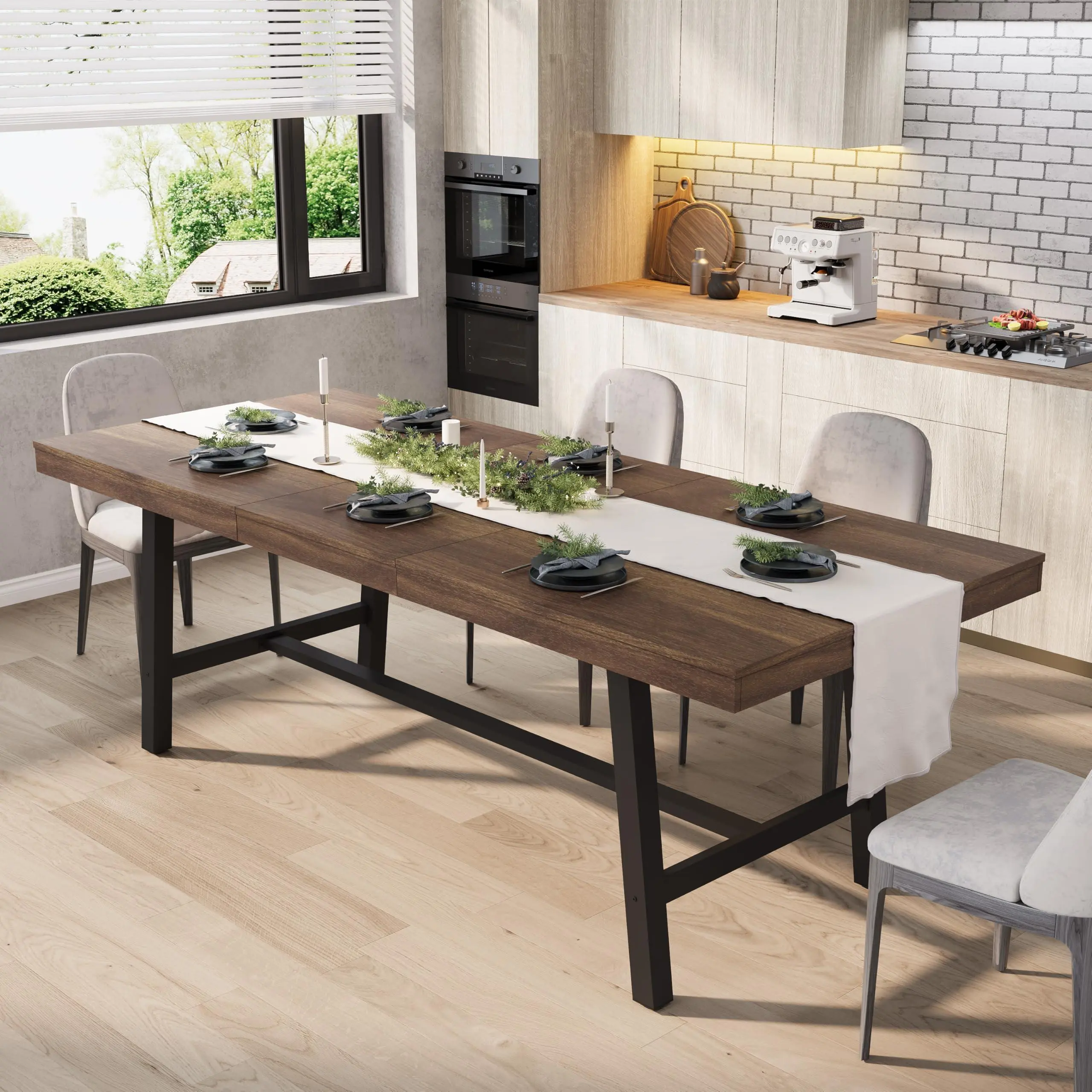 63-83" Extendable Dining Table, Industrial Rectangular Dining Room Table for 6-8 People, with Heavy Duty Metal Frame for Dining Room, Brown