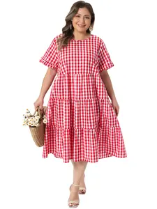 Agnes Orinda Plus Size Gingham Dresses 1950s Vintage Plaid Round Neck Flared Short Sleeve Tiered Summer Maxi Dress