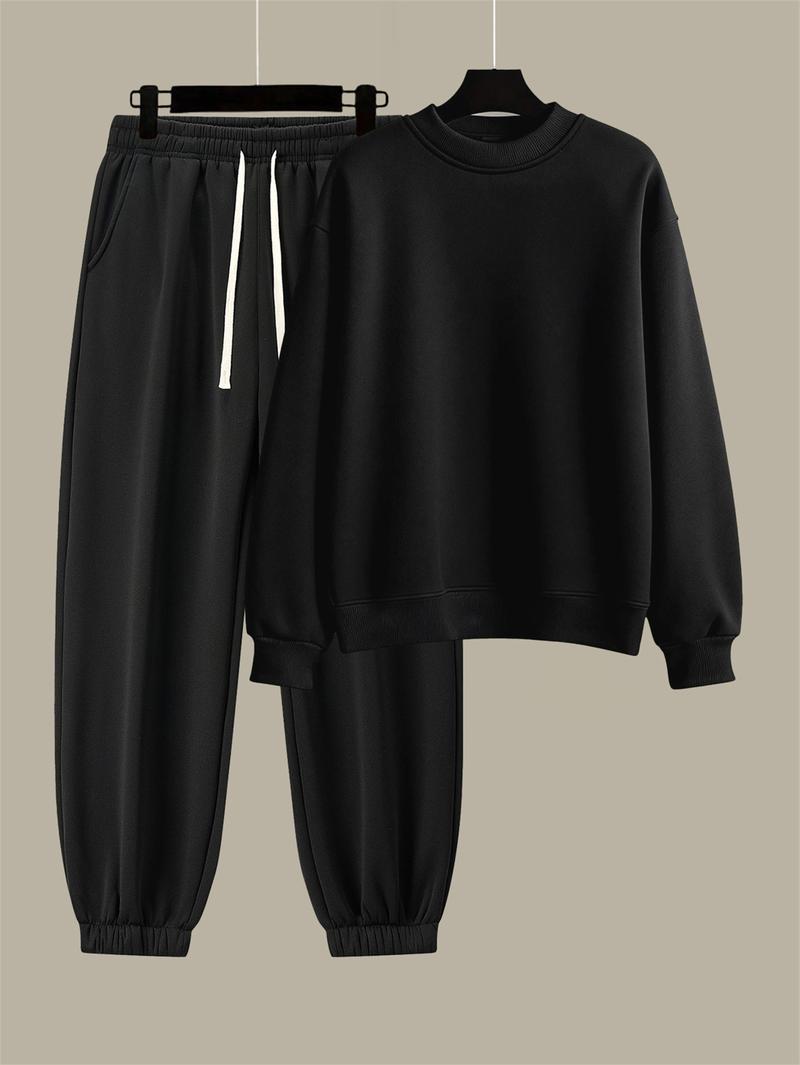 Men's Cotton Solid Color Casual Tracksuit Set Loose Fit Crew Neck Sweatshirt with Matching Jogger Pants for Fall Winter Comfortable Menswear Outfit for Outdoor Activities Sporty Commute Fitness and Relaxed Everyday Wear