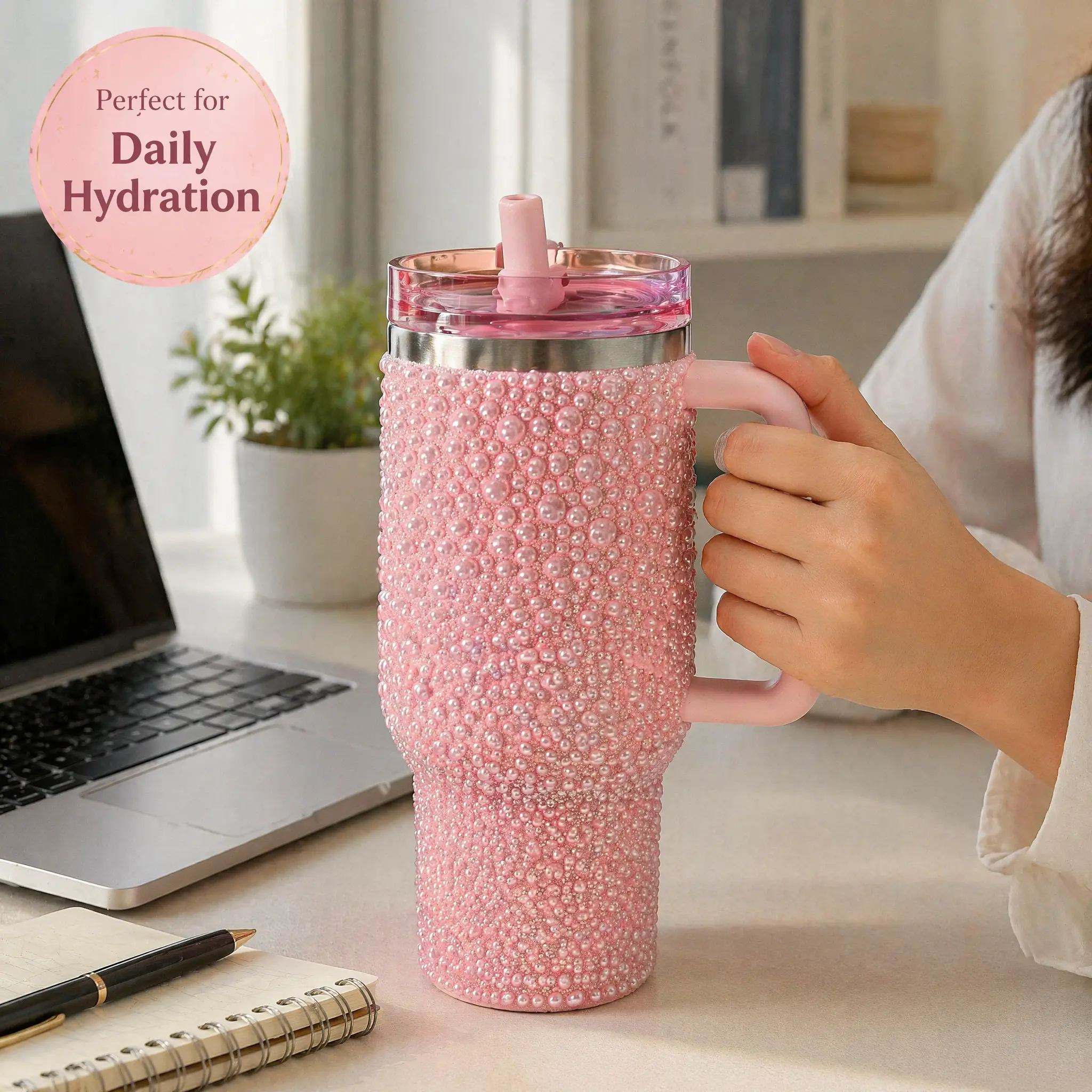 40oz Stainless Steel Vacuum Insulated Water Bottle - Lightweight, Portable, Leakproof, Reusable, Stylish Bling Rhinestone Pearl Straw Lid, 24H Cold Retention, Car Cup Holder Fit, Stowing Accessory, Birthday Gift, Fast US Delivery, Silicone-Compatible, Wat