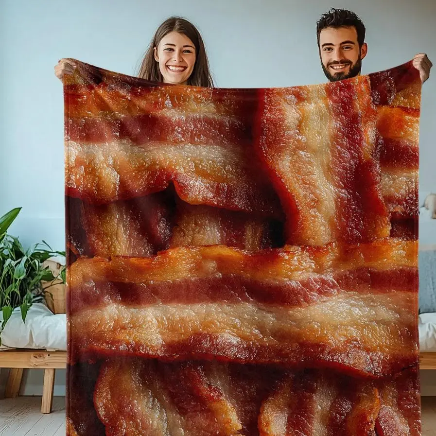Bacon Print Flannel Blanket - Grilled Bacon Fragments Design, Cozy Look, Stylish, Lightweight All-Season Throw for Sofa, Travel, Food Theme