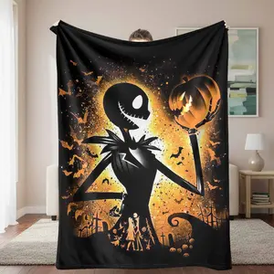 Halloween Skeleton Flannel Blanket Pumpkin Bat Graveyard Print Soft Warm Cozy Throw for Bedroom Sofa Outdoor Camping Holiday Party Gift Decor