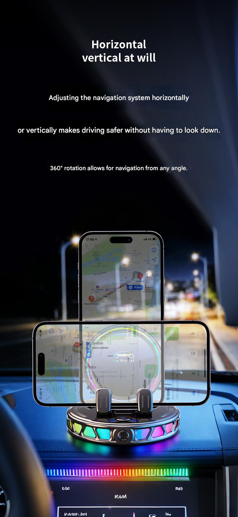 Electric Magnetic Wireless Charging Car Phone Mount with RGB Ambient Light – Ultra Stable Vacuum Suction