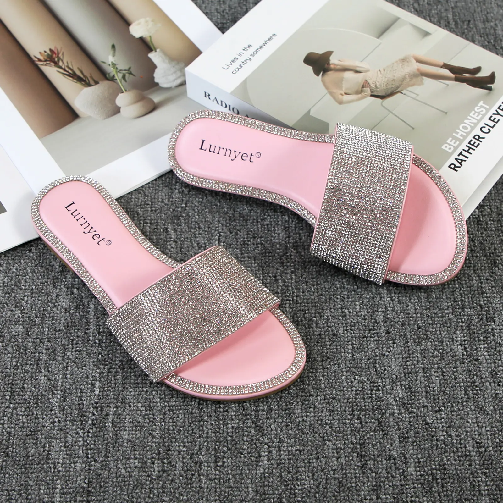 Sparkling Rhinestone Slides for women, Casual PU Leather Slip On Flats with an Open Toe Design for Dressy Events, Cute Shoes, Basic, Breathable, Shoes For Women, Polyurethane, Footwear, Cute Sandals, Lightweight, Basic Chic, Women's Sandals