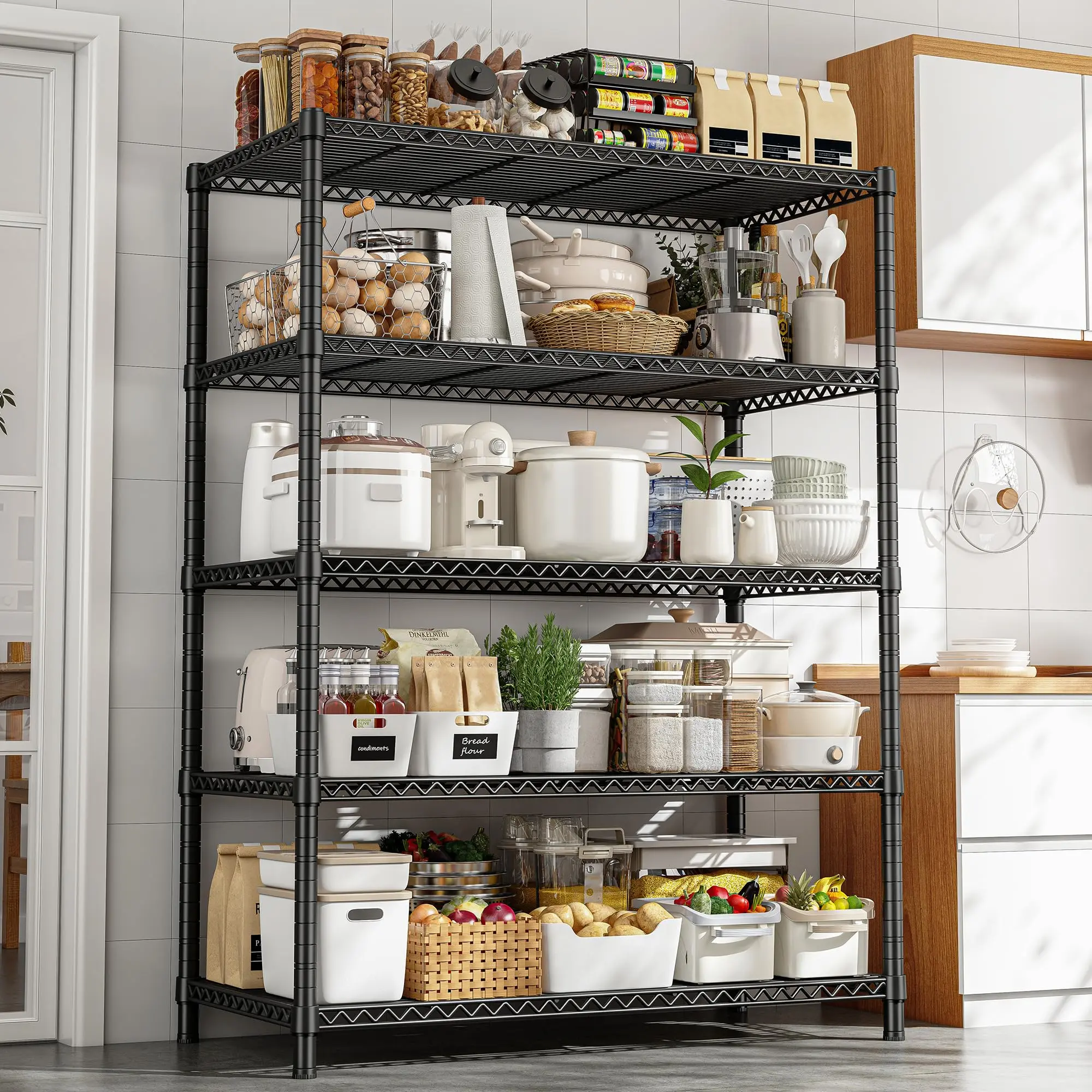 【Kitchen & Storage Room】Raybee 5-Shelf Adjustable Metal Wire Shelving Unit - Heavy-Duty Expandable Rectangle Organiser, Freestanding Utility Rack (25+ kg Capacity), Easy-Carry Tiers for Pantry Storage, Adjustable Metal Shelf for Storage Organization