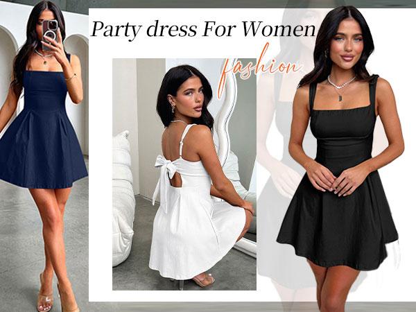 OYS Women's Sexy Sleeveless Square Neck Adjustable Straps Bow Tie A-line Mini Party Club Dress