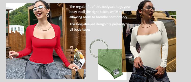 OQQfitness Womenswear Comfort Basic Minimalist Square Neck Bodysuit Top - Long Sleeve Fitted Elegant Underwear for All Seasons, Machine Washable
