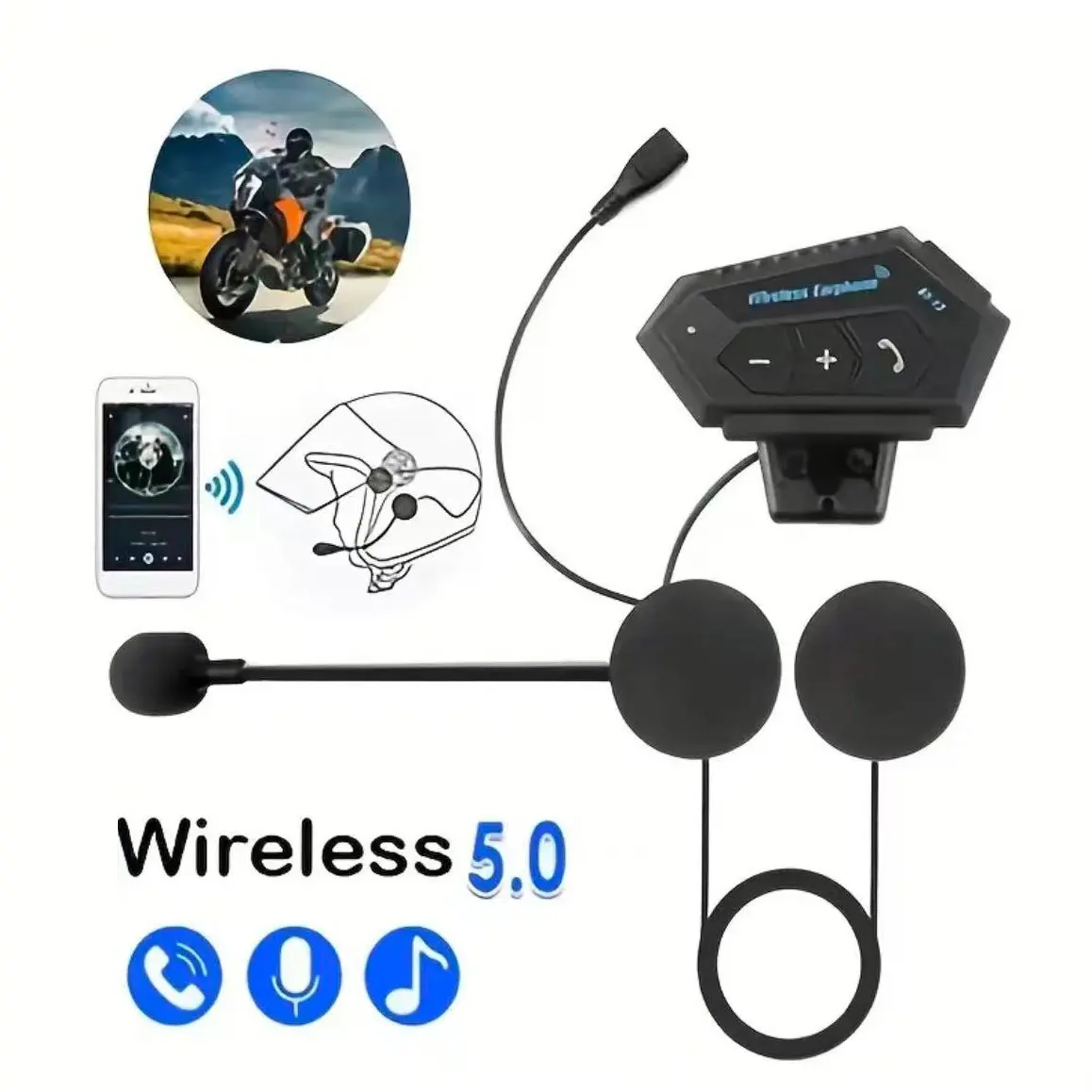 EOWULFROST Wireless Motorcycle Motorbike Helmet Headphone, Motorcycle Accessories, BT5.0 Motorcycle Helmet Headset, Wireless Stereo Noise Cancelling Headset with Mic
