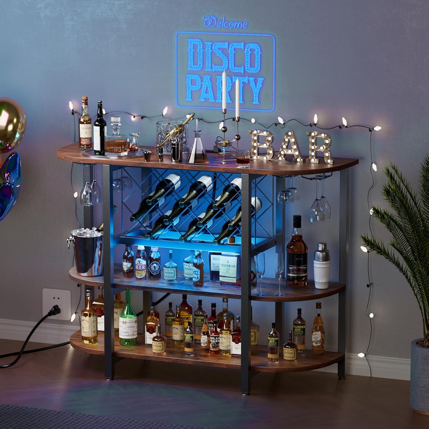 Wine Rack Table with LED Lights & Power Outlets, Floor Liquor Cabinet with Glass Holder, Adjustable Wine Storage, Coffee Bar Table Sideboard for Home, Rustic Brown/Gray