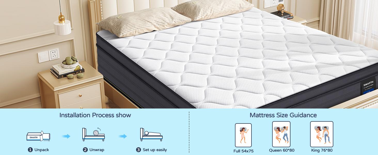 【SIMARTH】  Hybrid Mattress 10/12/14 Inch in Twin, Full, Queen, King – Medium Firm Memory Foam + Pocket Coil Support, Pressure Relief Bed in a Box for Cozy Home Rooms