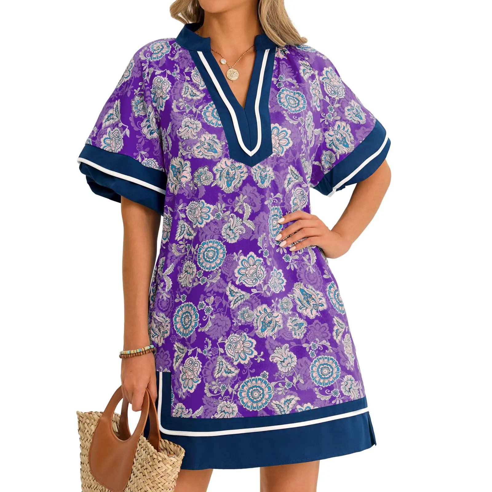 Wenrine Women's Summer Floral Shirt Dresses Puff Sleeve Casual V Neck Color Block Side Slit Loose Beach Mini Dresses - TikTok Shop Wenrine Women's Summer Floral Shirt Dresses Puff Sleeve Casual V Neck Color Block Side Slit Loose Beach Mini Dresses - TikTok Shop