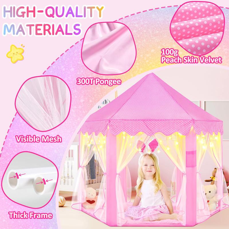 EFFUN Princess Tent Valentines Day Gifts, 55"x53" Kids Play Tent with Star Lights & Plush Clips Indoor Castle Playhouse with Upgraded PVC Connectors Pink Perfect Gift Halloween