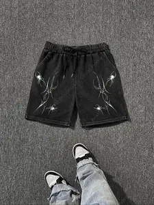 Men's 290g washed wax printed cotton shorts with mysterious spider print - adjustable drawstring waistband, machine washable, Father's Day gift, streetwear fashion, streetwear enthusiasts, fashionable design, breathable material