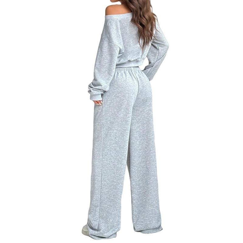 Two Piece Sets for Women Fall Sweatsuits Long Sleeve Off Shoulder Top Wide Leg Sweatpants Lounge Sets Tracksuit
