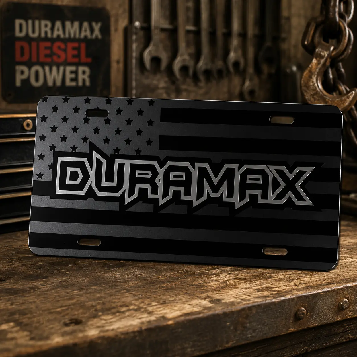 Duramax Vanity License Plate | Black American Flag Duramax Front License Plate | Diesel Truck Metal Auto Tag | Duramax Truck Accessory | Gift for Diesel Truck Owners