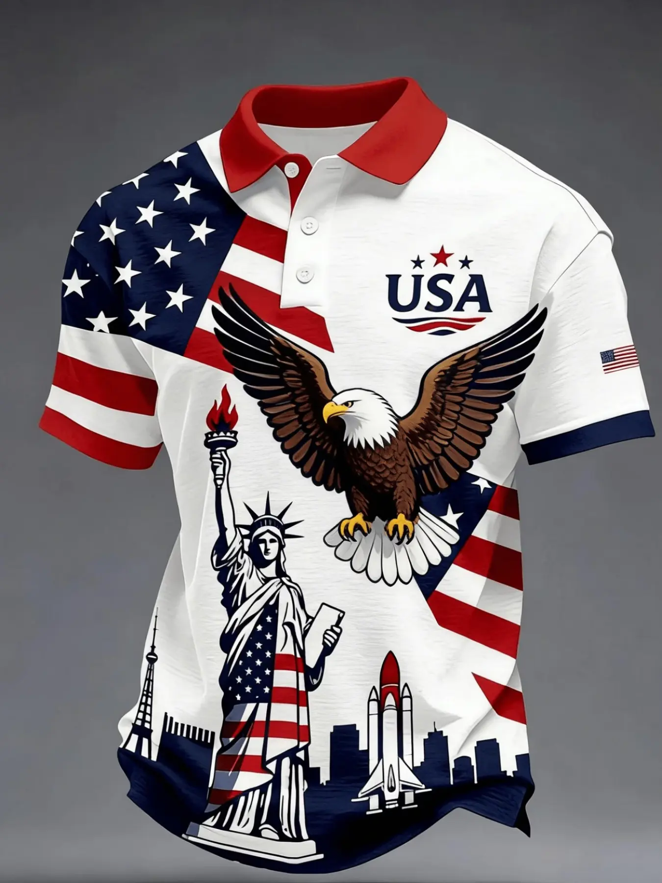 Summer Gift for Men, Fitted Collared Buttoned Polo Shirt with USA Liberty Eagle Flag All-Over Print, Printed Polo Shirts, Polo-Style Casual Patriotic American Polo Top