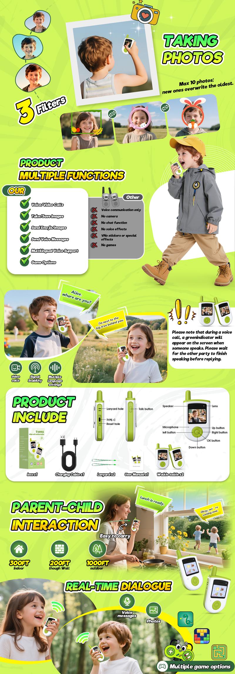 Video Walkie Talkies for Kids,2 Pack Rechargeable Kids Walkie Talkies with Video Call & Camera,Send Photos/Text,18 Emoji Expressions 3 Mini Games & 1000ft Range, Camping, Birthday,Hiking Gift for 3-12 Year Old Boys Girls