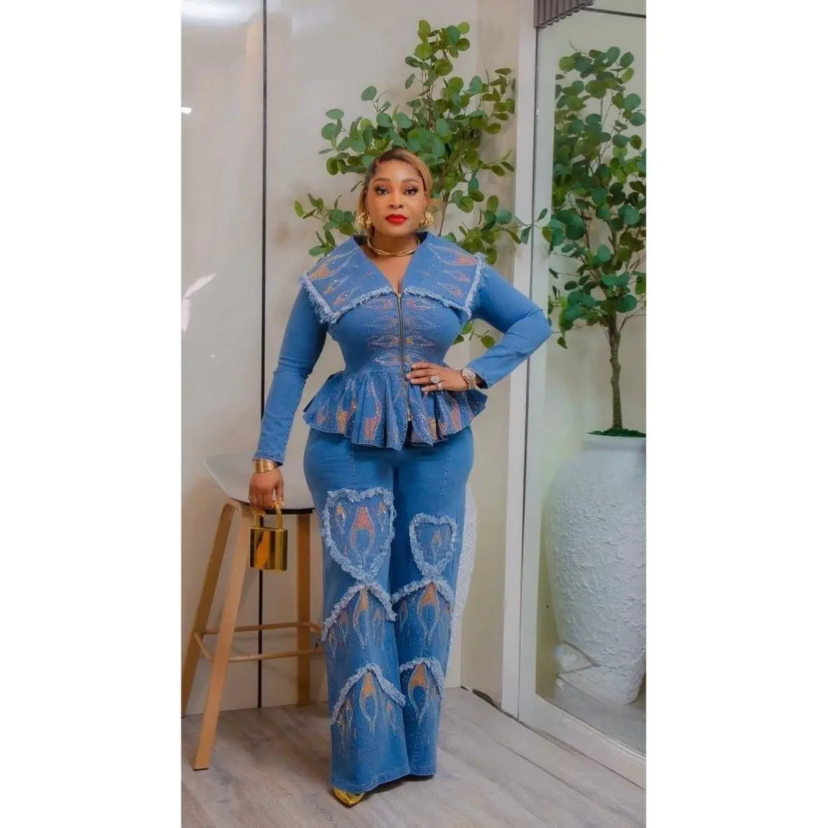 Denim and Diamonds 2-Piece Outfit Set Rhinestones Stretch Curvy Jeans Matching Peplum Top & Wide Leg Pants - Ladies Night Date Birthday Party Dinner Celebrant Photoshoot Weekend Graduation Dance Date Night Ladies Turkish Cotton Women's Plus Size