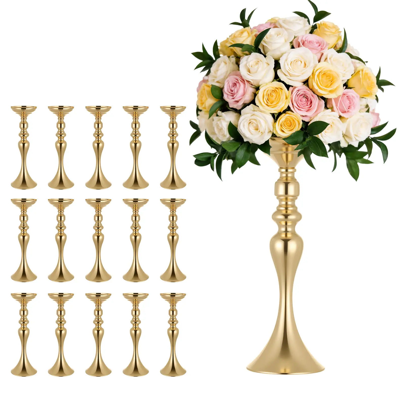 VEVOR 16-Piece Metal Candle Vases Set, 15 in Tall Mermaid Shape Steel Crystal Table Centerpieces, 5.1 in Base Diameter, Easy-Install Electroplated Gold Floral Wedding Decor Stand for Indoor Home Use