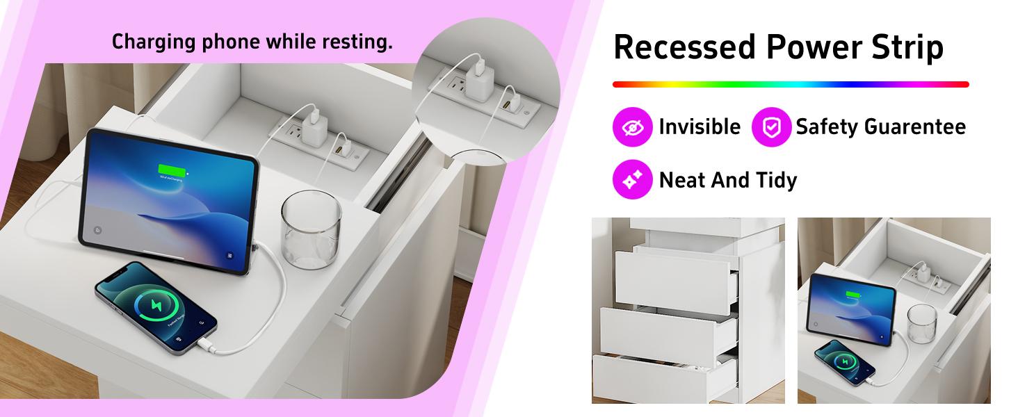 TryLazy Nightstand With Sliding Top Charging Station And LED Lights Furniture Bedroom Modern Design Bedside Table Drawer Home