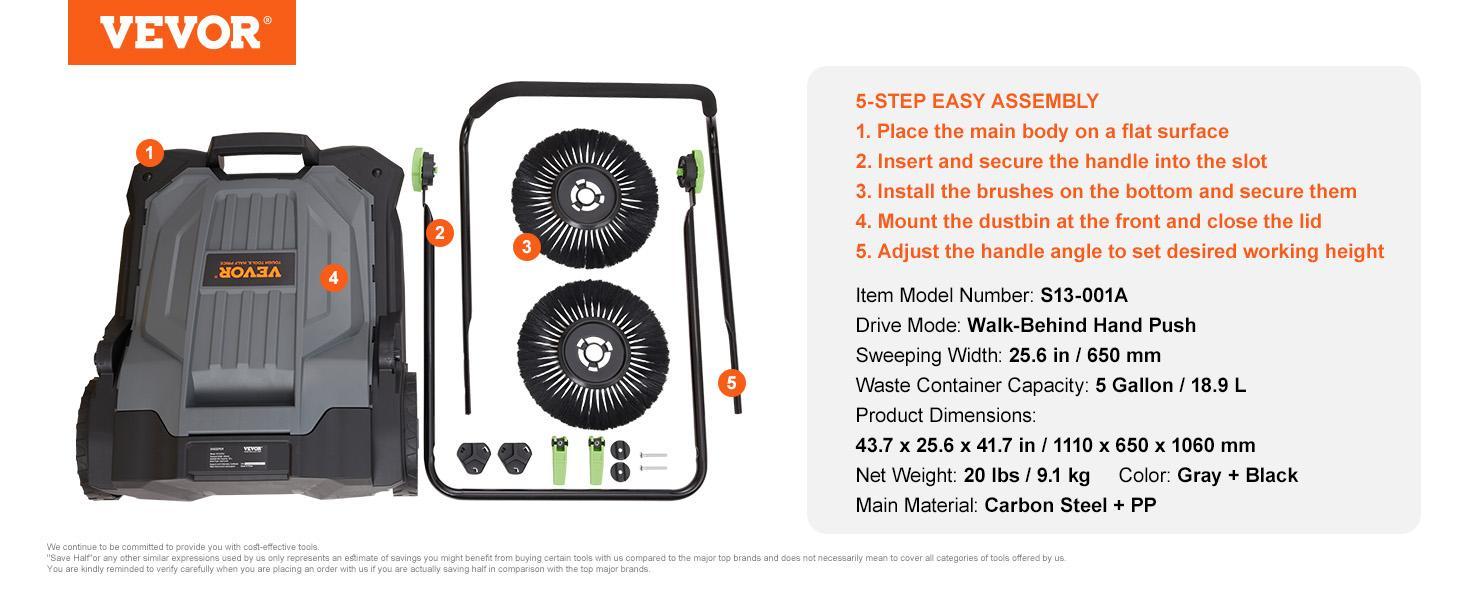 VEVOR Walk-behind Hand Push Floor Sweeper, 25.6" Sweeping Width Floor Sweeper Manual Non-Electric, 5-Gallon Waste Container, Angle & Height Adjustable Folding Handle for Walkway, Yard, Garage, Patio