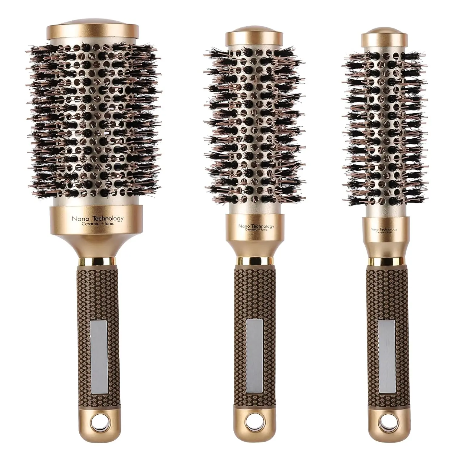 3 Pcs Boar Bristle Round Brush for Blow Drying, Nano Thermal Ceramic and Ionic Tech Hair Brush for Curling and Straightening - Large,Medium and Small Round Brushes