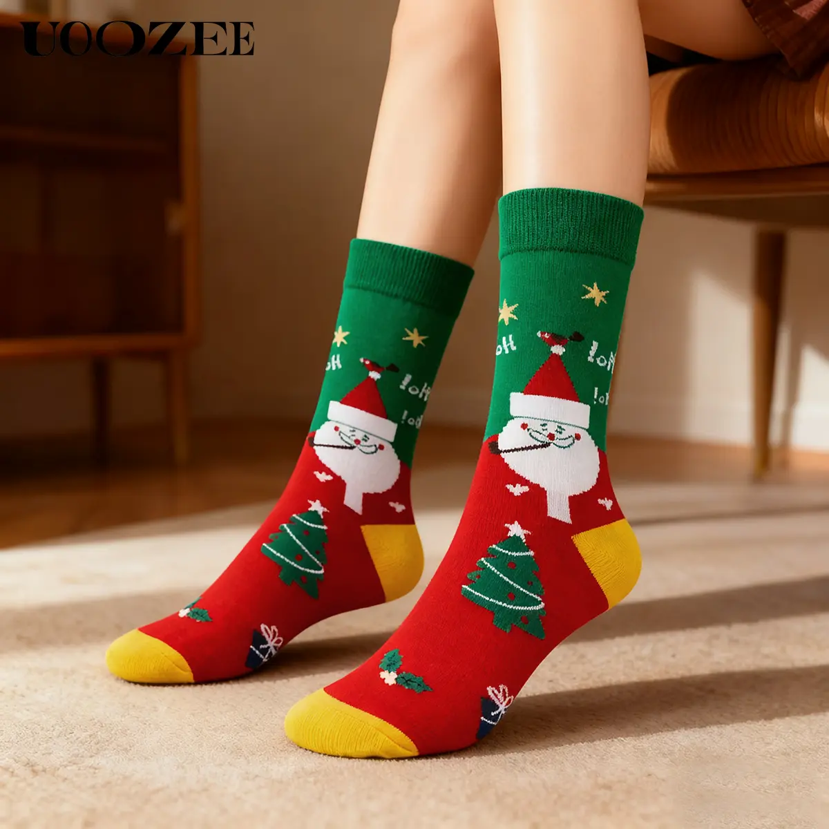 UOOZEE Women's Cute Santa Claus Mid-Calf Socks, Cozy Color-Block Cartoon Character Print, Elastic Cotton Blend for Holiday Wear, Spandex, Elastic Socks, Thanksgiving, Easter, Female Socks