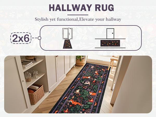 [Restock Up Sale]Geanup Fantasy Fox Animal Runner Rugs for Hallway, Non Slip Botanical Kitchen Rug, Soft Thin Jungle Fox Bedside Runners, Cute Mushroom Accent Floor Carpet for Bedroom Hall Bathroom Laundry