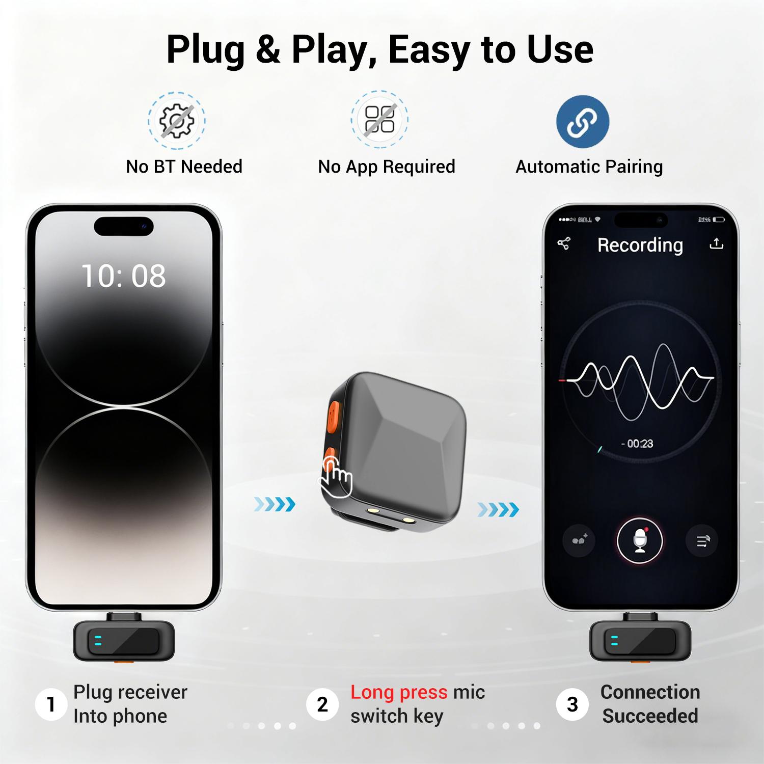 HITOZON Wireless Lavalier Microphone for iPhone Android With Charging Case Intelligent Noise Cancelling Plug Play Lapel Mic for Tiktok Youtube Video Recording Vlog Live Streaming