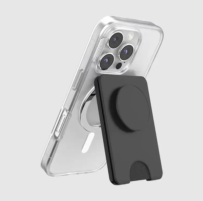 PopSockets Black MagSafe Kick-Out PopWallet+ & Stand, MagSafe-Compatible iPhone Accessory with Built-In Kickstand, Kick-Out Mount, Stand + Wallet Features