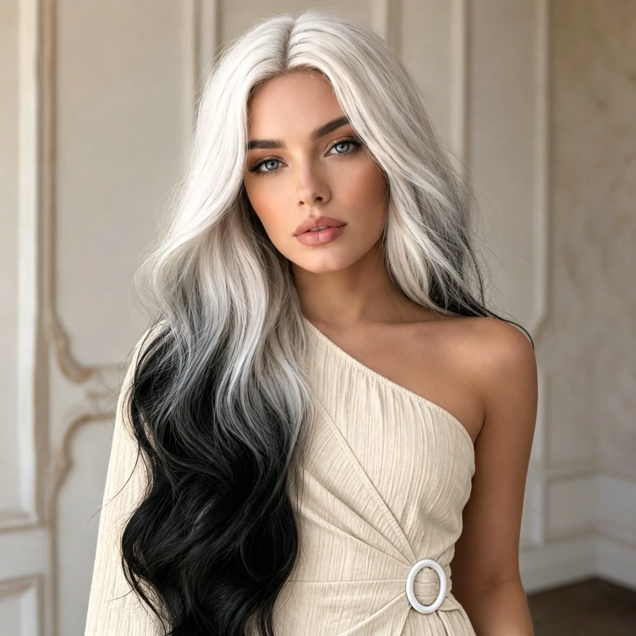 ZIHAN Long Body Wave Synthetic Wig, 2-Tone Black & White Women's Costume Wig for Halloween, Cosplay Parties