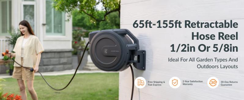 Giraffe Tools Retractable Garden Hose Reel 90ft Garden Water Hose Reel with Metal Bracket, Automatic Rewind System, 3-layer-hybrid hose, Lock at any lenghth Tangle-Free Kink-Free, 9-Pattern Nozzle, 180° Swivel Bracket Wall-Mounted