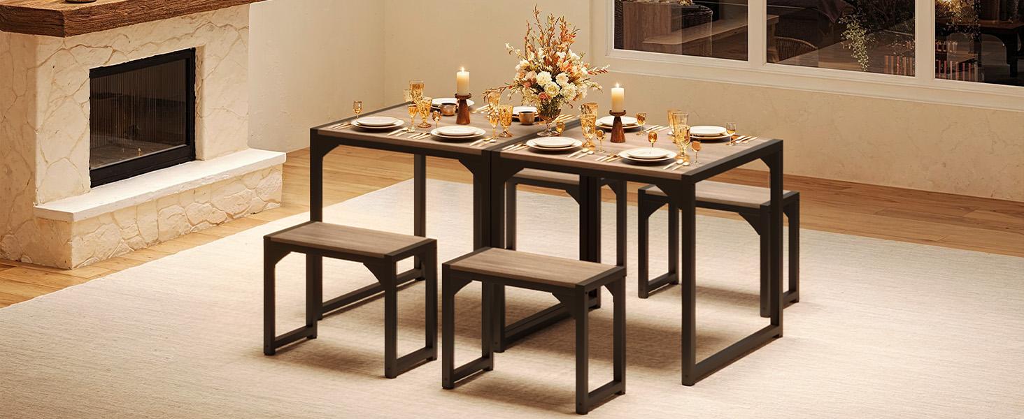 Gizoon Dining Table Set for 2, Kitchen Table Set for 2 with Steel Frame, Kitchen Table with 2 Benches for Small Space, Space Saving Design for Restaurant, Living Room, Grey Gizoon Dining Table Set for 2, Kitchen Table Set for 2 with Steel Frame, Kitchen Table with 2 Benches for Small Space, Space Saving Design for Restaurant, Living Room, Grey