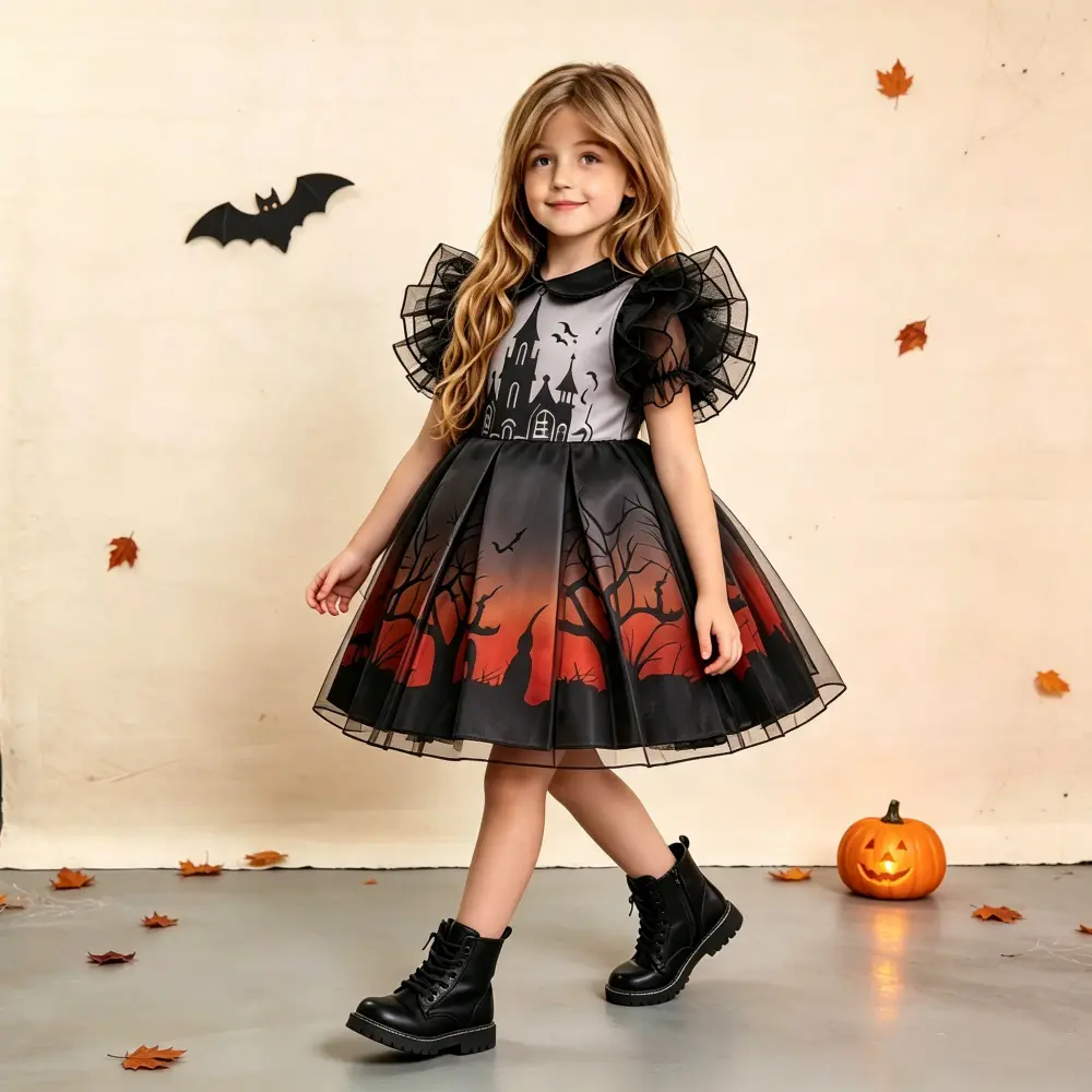 061 ( Only dress ) Princess dress Halloween castle print dress role play girl black dress
