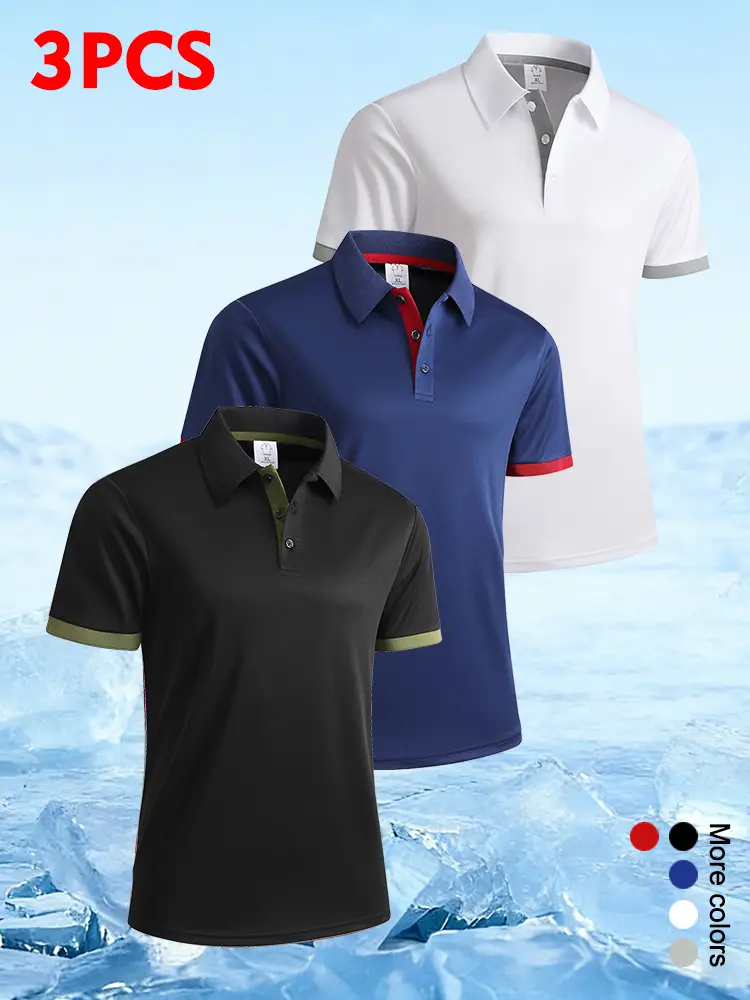Men's 3-Piece Collared Polo Shirts Set - Casual Breathable Sportswear, Half Sleeve Jersey Polo, Golfing Shirt, Quick-Dry for Golf, Beige/White Male Tops, Half Sleeve Polo Shirts