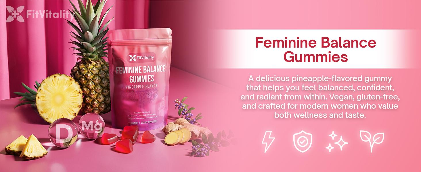 Premium 60 Feminine Balance Gummies – Vaginal Probiotics & Support Digestive Health – Probiotics, Collagen Type II, Chasteberry, Vitamin D & Magnesium – Gluten-Free, Natural Pineapple Flavor, Vegan