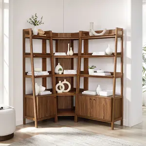 Bixby 3 Piece Corner Bookshelf Set With Wide and Narrow Bookshelves in Walnut