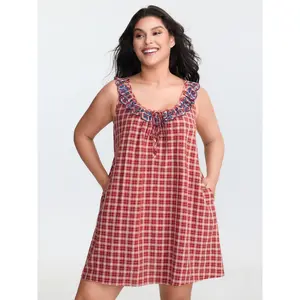 【Pocket Approved】BLOOMCHIC Gingham Embroidered Neckline Flowy Lounge Dress 2026 Summer Vibes