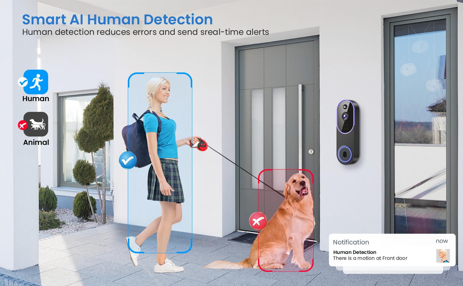 Wireless Video Doorbell Camera, Smart Security Doorbell Camera, 1080P, AI Human Detection , Night Vision, Instant Alert, Two Way Audio, 2.4G WiFi Only, Simple Installation and Rechargeable Battery, Cloud Storage, WiFi Camera