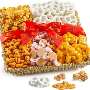 KREMERY Creamy Chocolate Cravings - Valentines Day Chocolate Covered Pretzels & Caramel Popcorn Gift Basket, in Seagrass Tray + Ribbon (Classic, 1.5 lbs) Sweet Treats Food Arrangement, Kosher