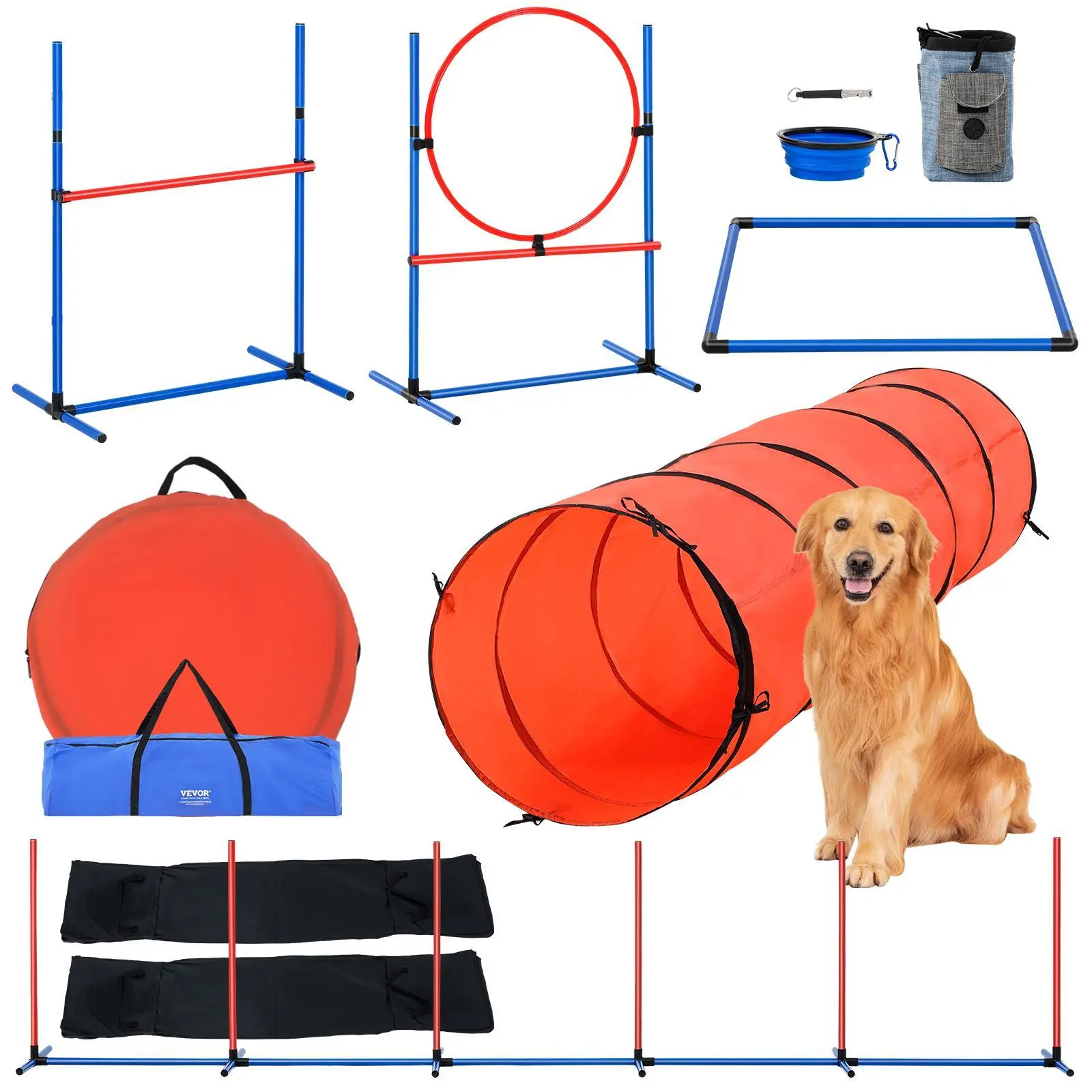【SummerFinds】VEVOR Dog Agility Training Equipment,  , 5 PCS Set Upgrade with Adjustable High Hurdles,6 Weave Poles,Extended Tunnel,Jump Ring,Pause Box,Whistle,Foldable Bowl,Puppy Obstacle Course Kit with Storage Bag