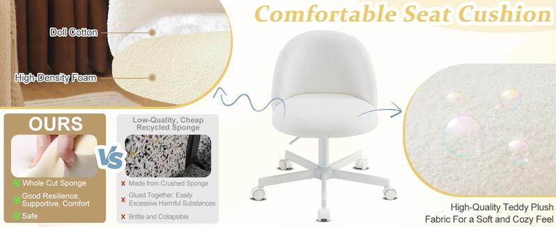 VINGLI Candy Chair Armless Cute Desk Chair,Comfy Small Office Chair with Wheels,Vanity Chair with Lumbar Support,Teddy Adjustable Rolling Swivel Computer Task Chair for Home Office,Bedroom
