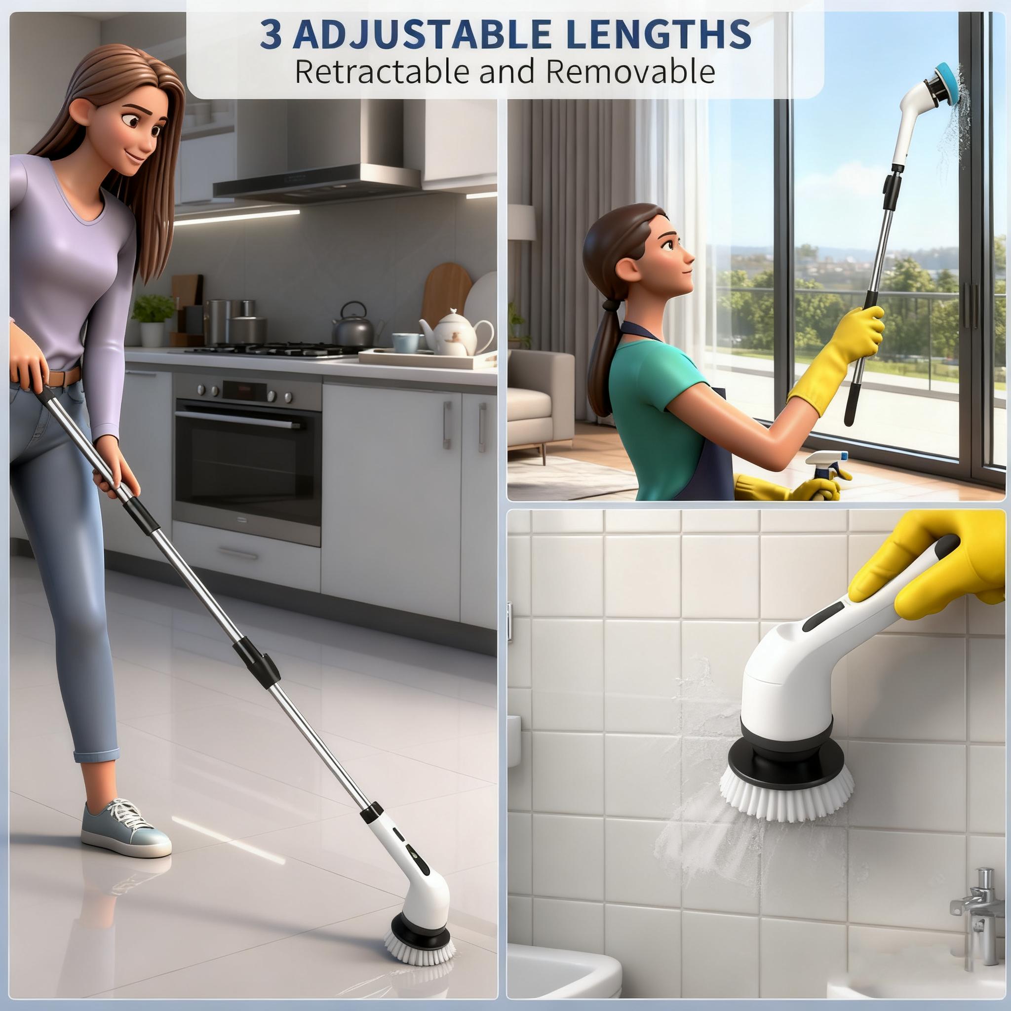 Electric Spin Scrubber, Cordless Shower Scrubber with IPX7 Waterproof, Electric Cleaning Brush, Multi-Surface Use, and Long Battery Life, 2 Adjustable Speed & Extendable Handle, 9 Replaceable Brush Heads, Multi-Purpose Cleaning Kit for Bathroom & Kitchen