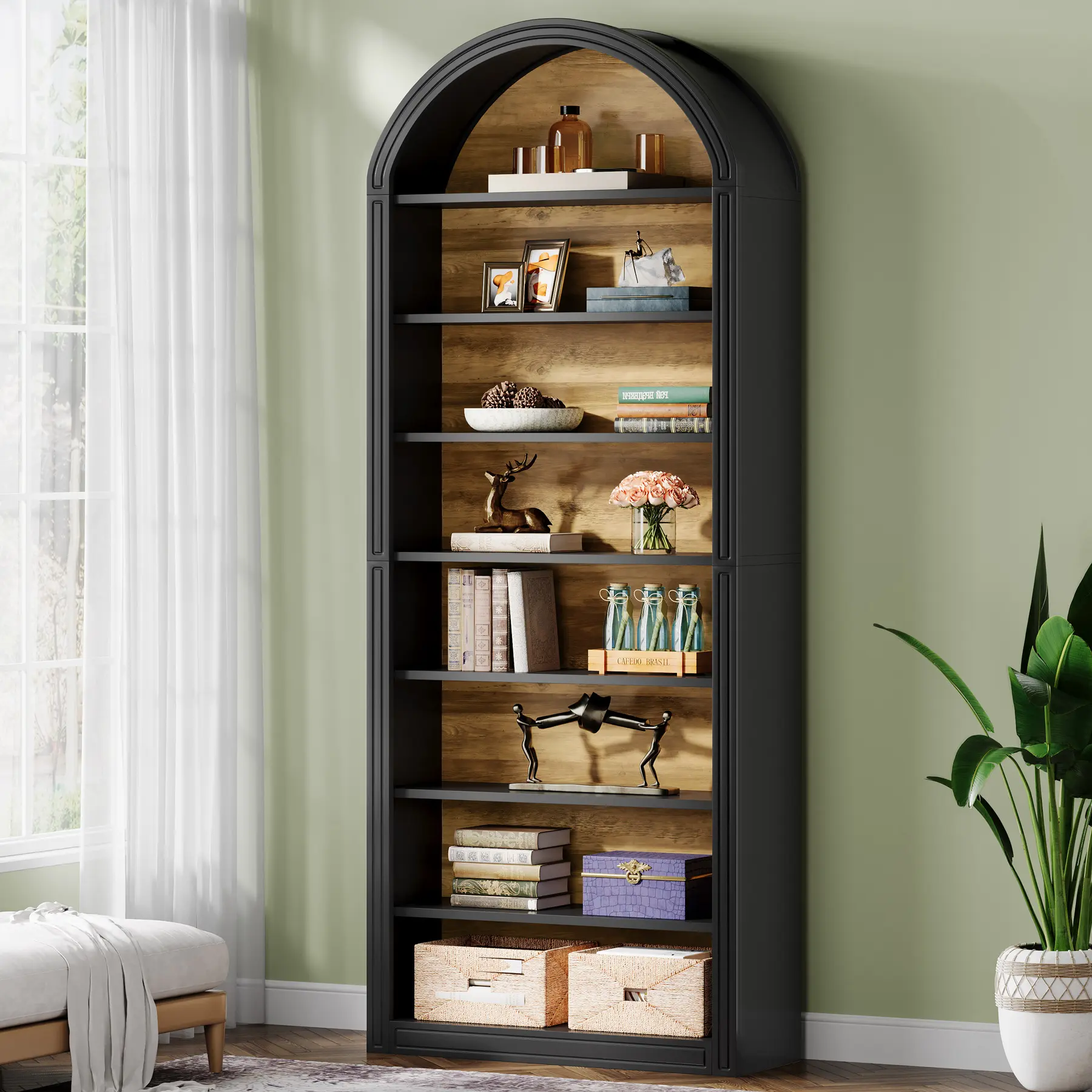LITTLE TREE 79.5" Black Arched Bookshelf, Modern Tall Arched Bookcase with Storage Shelves, 8-Tier Floor Standing Open Display Shelving Unit for Living Room, Bedroom, Home Office (Black)