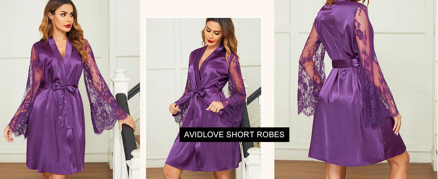 Avidlove Women's Satin Kimono Robe for Bridesmaid and Bride Wedding Party Getting Ready Short Robe with Floral Lace Sleeves & Classic V-Neck Design Avidlove Women's Satin Kimono Robe for Bridesmaid and Bride Wedding Party Getting Ready Short Robe with Floral Lace Sleeves & Classic V-Neck Design