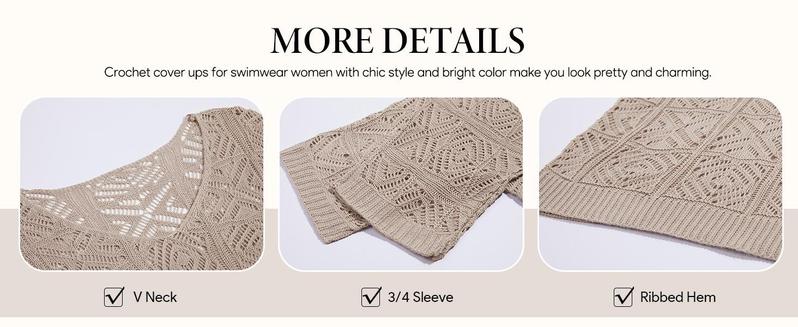 Imily Bela Womens Crochet Cover Up Top Summer 3/4 Sleeve Off Shoulder Sweater Shirts Mesh Boho Beach Swimsuit Coverup