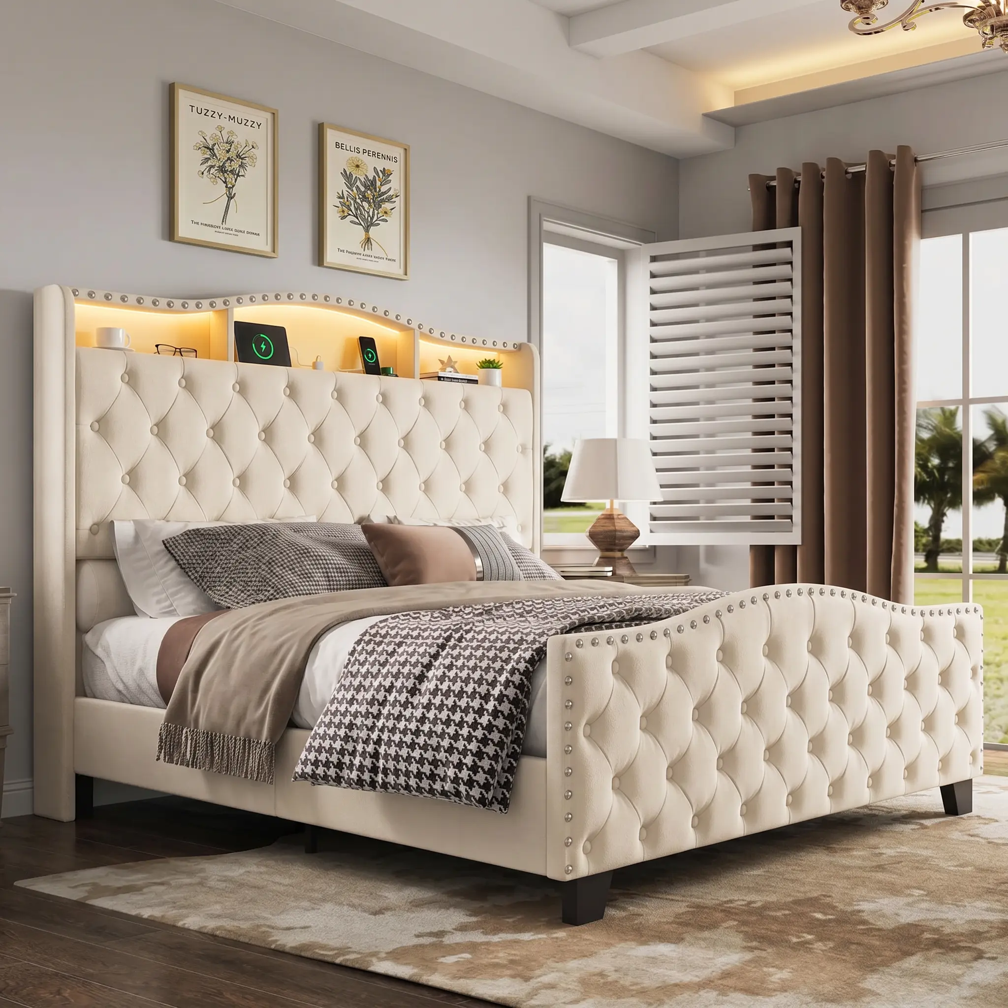 Belffin Elegant King Size Velvet Upholstered Bed Frame with 50.9" Wingback LED Lit Headboard, Button Tufted Tall Footboard, Storage & Charging Station, Noise-Free, No Box Spring Needed, Beige Furniture, Bed Frames[tiktokshopbacktoschool]