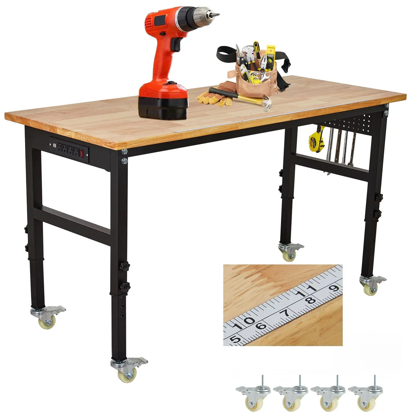 GARVEE 60-in Rubber Wood Adjustable Workbench - 2000 lbs Load Capacity, Adjustable Height, Mobile Casters Rolling Base, Power Outlet for Garage, Workshop,sohochic