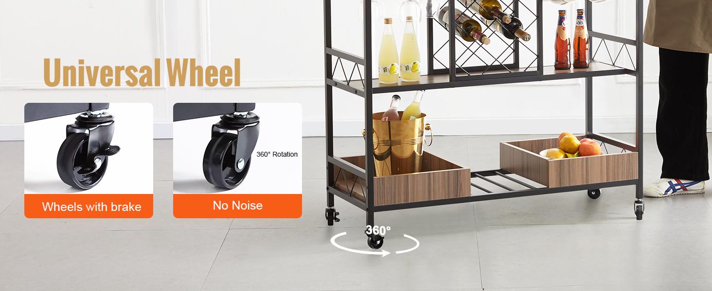 VEVOR 3-Tier Bar Serving Cart Rolling Trolley with Wine Grid Glass Holder 300LBS Organiser Racks