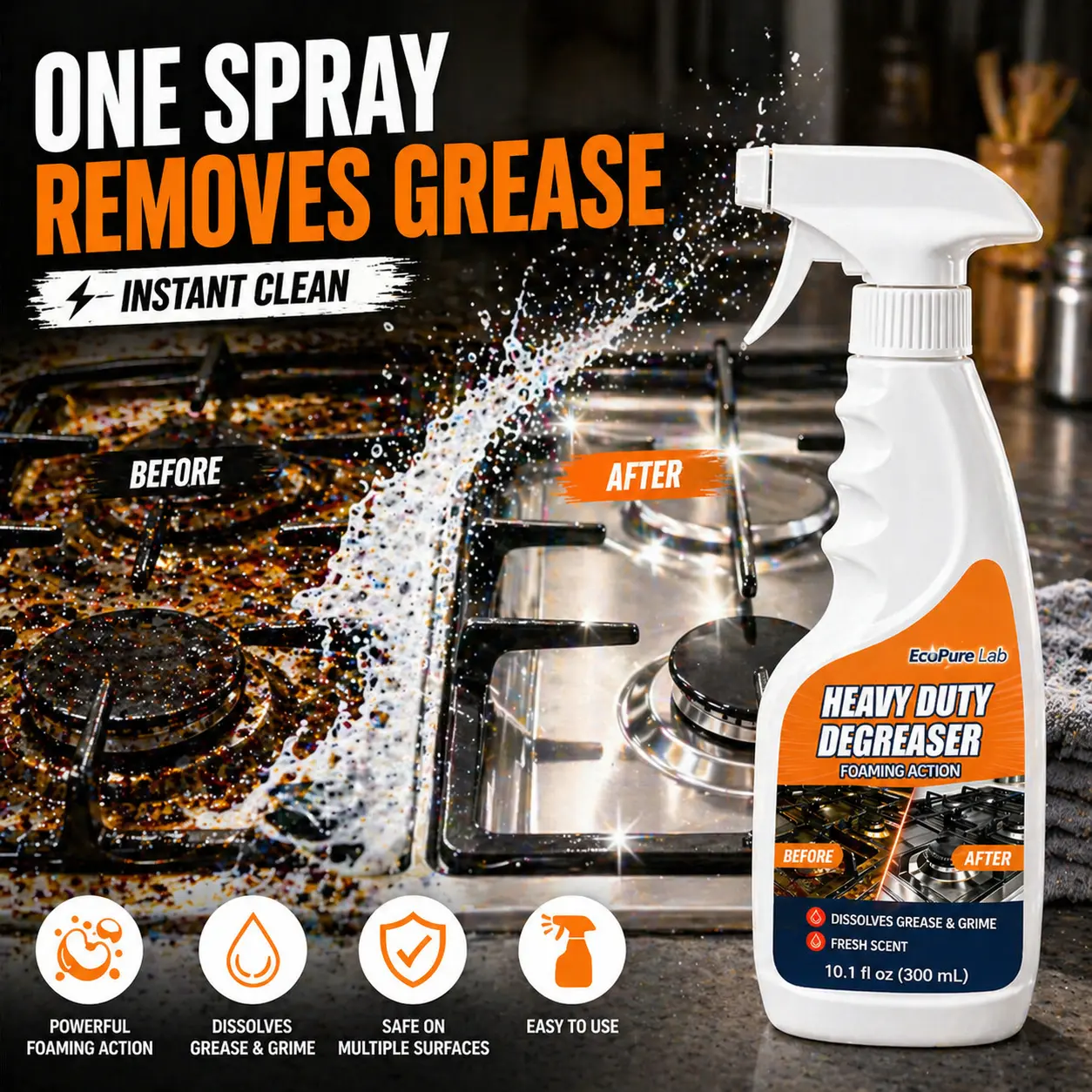 EcoPure Lab Heavy Duty Degreaser – Powerful Kitchen Degreaser Spray, Grease Remover for Stove, Oven, Range Hood & Grill – Removes Tough Oil, Burnt Grease & Stains Fast – No Residue, Non-Toxic Enzyme Cleaner#Summervibes